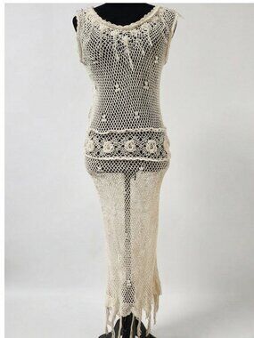 🐚Luxury Stylish Knit Designer Crochet Knitted Maxi Fringes Flowers Dress Tunic